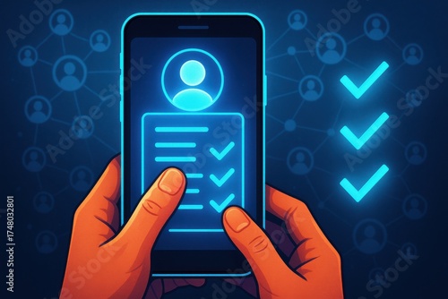 Hands Holding Smartphone With Digital Checklist And User Profile Over Blue Abstract Background