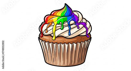 A delightful cupcake illustration, , decorated with rainbow icing, showcasing a sweet treat for celebration and enjoyment