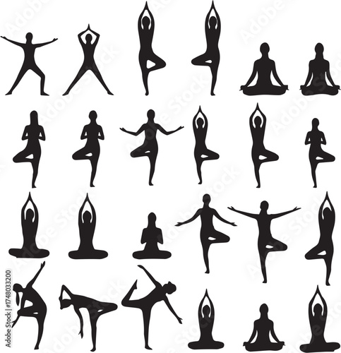 Mega Yoga Poses Silhouettes Vector Set: Wellness, Meditation, and Fitness Asanas Collection.