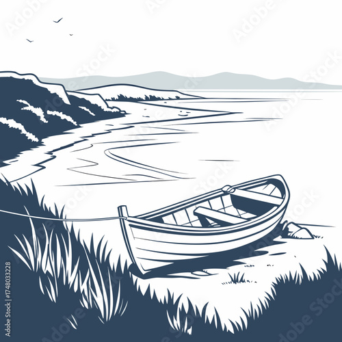 A solitary rowboat rests on a grassy shore beside a calm bay with distant hills and flying birds