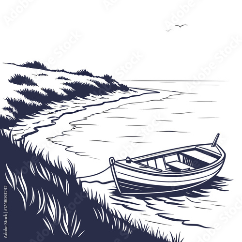 A solitary rowboat rests on the shore of a calm lake with grassy dunes and distant birds flying