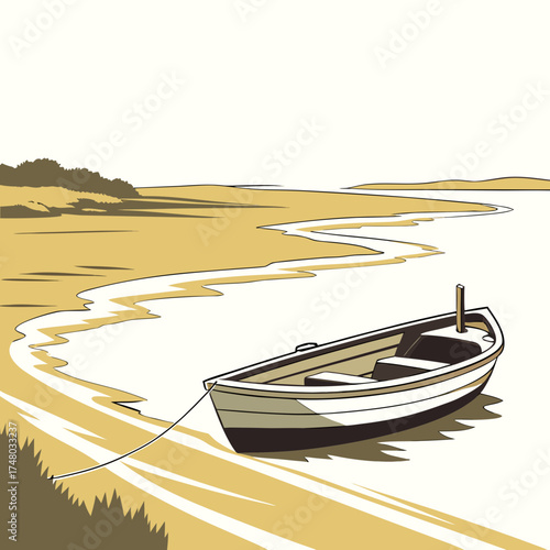 A solitary rowboat rests peacefully on a sandy shore with a calm body of water nearby