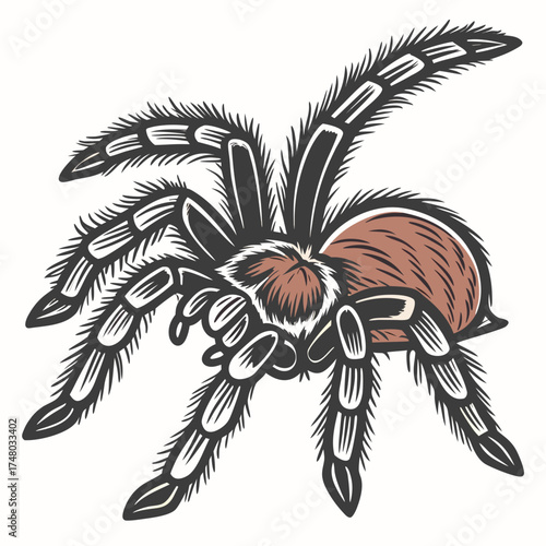Detailed illustration of a hairy tarantula spider with eight legs spread out on a white background