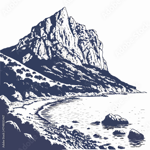 Dramatic rocky mountain peak overlooking a serene coastal shoreline with calm water and scattered boulders