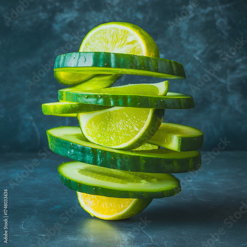 Sliced cucumber and lemon stacked in spiral formation on blue background  