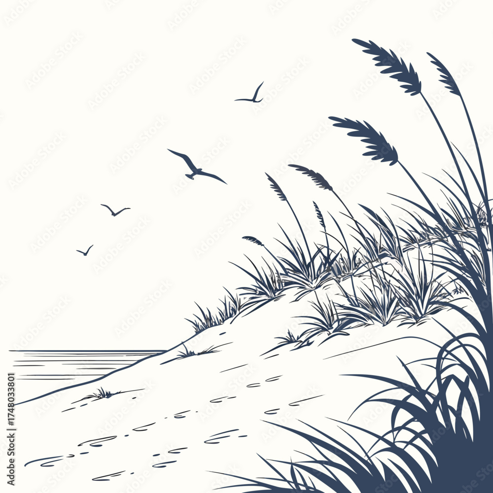Fototapeta premium Seagulls fly over a sandy dune with tall grass and footprints leading to the ocean