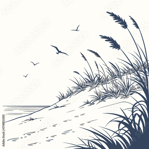 Seagulls fly over a sandy dune with tall grass and footprints leading to the ocean