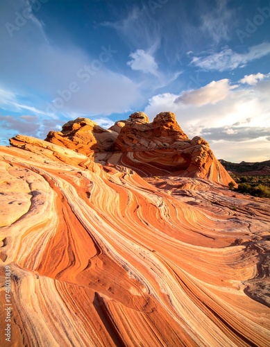 Fototapeta Naklejka Na Ścianę i Meble -  Striking, colorful sandstone formations.  Sunset light highlights swirling patterns.  Vast landscape