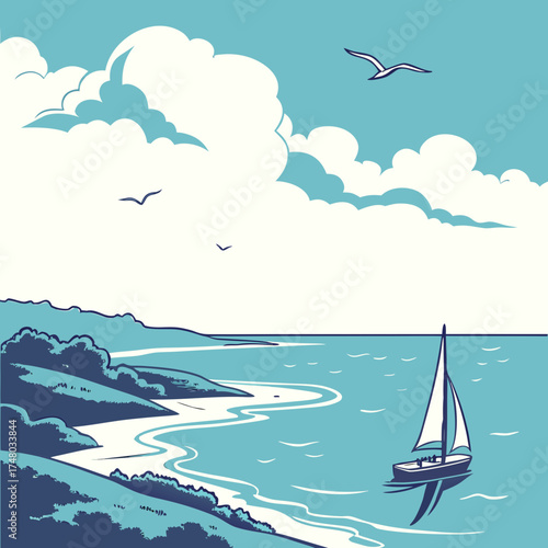 Serene coastal landscape with a sailboat gliding on turquoise waters under a cloudy sky