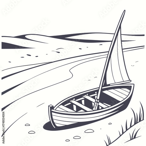 Simple line art illustration of a sailboat resting on a sandy shoreline with gentle hills in background