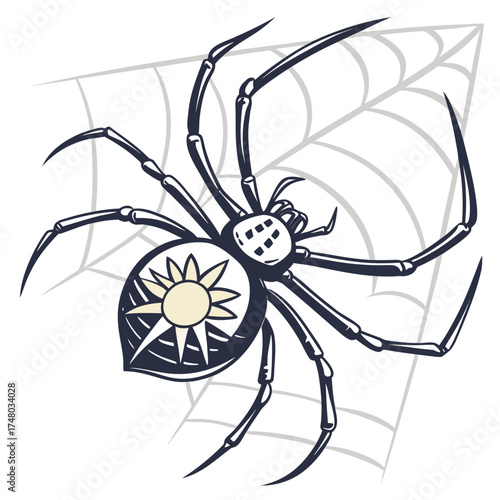 Stylized black widow spider with sun symbol on abdomen on a spiderweb background