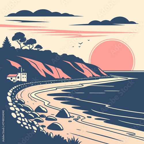 Stylized coastal landscape with a house and sun setting over the ocean