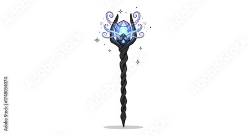 A magical scepter with a glowing blue crystal, radiating power and mystery, a symbol of enchantment and mystical energy