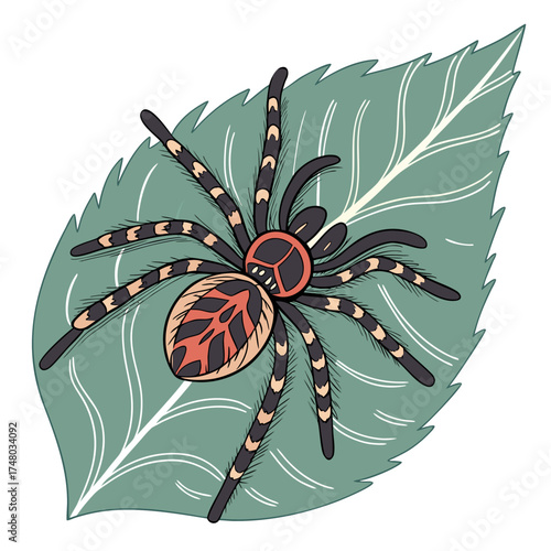 Stylized illustration of a colorful tarantula spider resting on a large green leaf