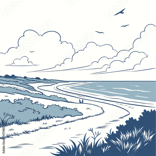 Stylized illustration of a winding coastal path leading to a calm ocean under a cloudy sky