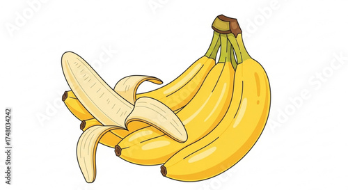 A tempting bunch of bananas, some peeled to reveal the creamy flesh, a delightful and nutritious snack option