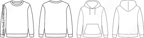 Sweatshirt and Hoodie Template Set, Front and Back View Clothing Mockup Outline
