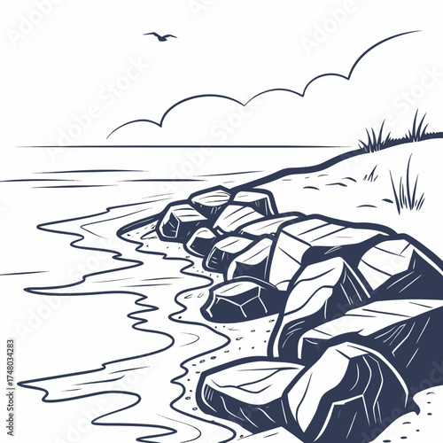 Stylized line art illustration of a rocky shoreline with seagull and clouds over the ocean