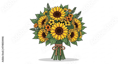 A vibrant bouquet of sunflowers tied with a rustic twine, the bright yellow petals and green leaves create a cheerful display