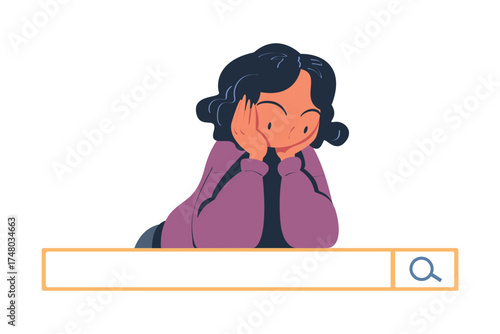Woman Character Looking for Information in Search Field Bar Vector Illustration