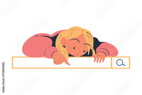 Woman Character Looking for Information in Search Field Bar Vector Illustration