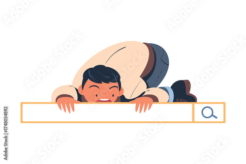 Man Character Looking for Information in Search Field Bar Vector Illustration