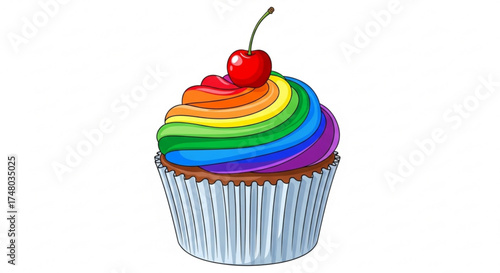 Illustration of a rainbow cupcake with cherry, perfect for sweet treat designs, bakery promotions, and colorful dessert visuals