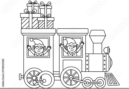 Cute Christmas Elf Toy Train with Presents Line Art Vector Illustration for Coloring Book