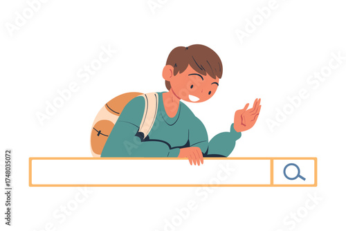 Man Character Looking for Information in Search Field Bar Vector Illustration