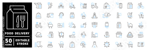 Food delivery icons set. editable line icons, outline, shipping and culinary symbols