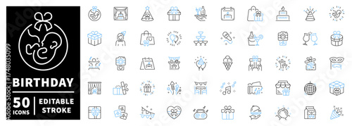 Birthday related icons set. Birthday celebration icons set . editable line icons, outline, party symbols