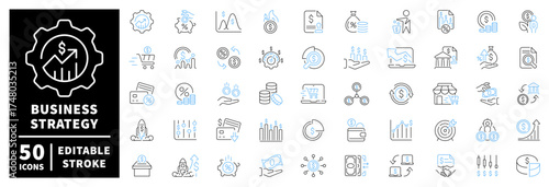 Business strategy vector icons collection. Business strategy icons set. editable line icons, outline, finance and analytics symbols