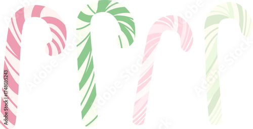 Cheerful clip art set of four flat pastel candy canes in shades of pink and green, perfect for modern, sweet holiday and confectionery designs.
