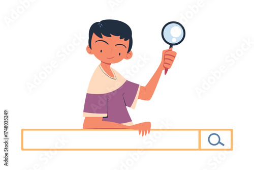 Man Character Looking for Information in Search Field Bar Vector Illustration