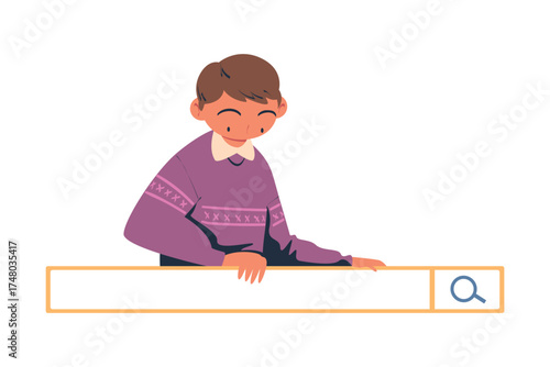Man Character Looking for Information in Search Field Bar Vector Illustration