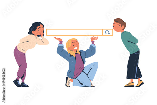 Man and Woman Character Looking for Information in Search Field Bar Vector Illustration