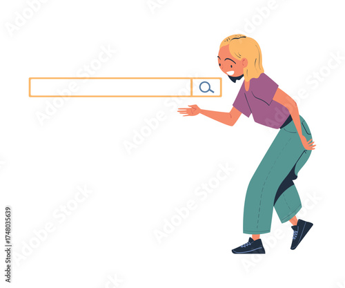Woman Character Looking for Information in Search Field Bar Vector Illustration