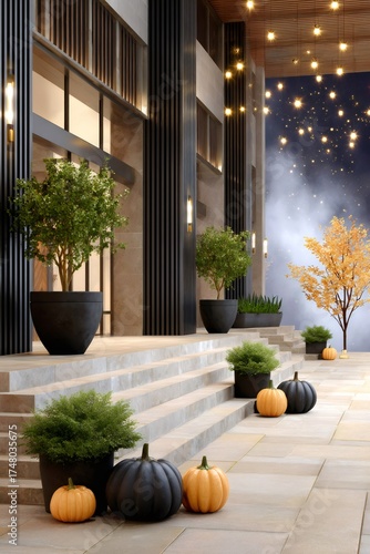Modern building entrance decorated for Halloween night