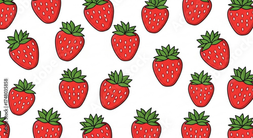 A delightful pattern of ripe strawberries, each bursting with vibrant red color and fresh green leaves, creating a summery feel