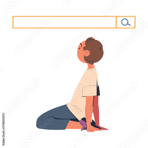 Man Character Looking for Information in Search Field Bar Vector Illustration