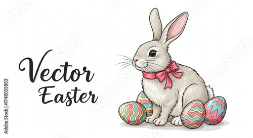 A charming easter vector illustration, featuring a cute bunny with a pink bow and colorful decorated eggs for a festive design