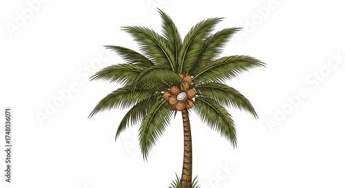 A vibrant palm tree vector illustration, showcasing lush green leaves and coconuts for a tropical and summery design