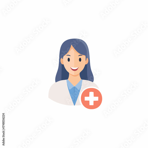 Illustration of a smiling female doctor with a red plus sign icon, representing healthcare and medical services.