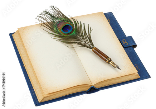 Isolated open book with peacock quill on the pages, novel or memoir writing concept