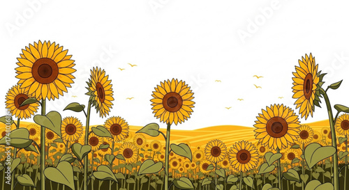 A vibrant sunflower field stretches to the horizon, with golden petals catching the sunlight, creating a picturesque and cheerful countryside scene