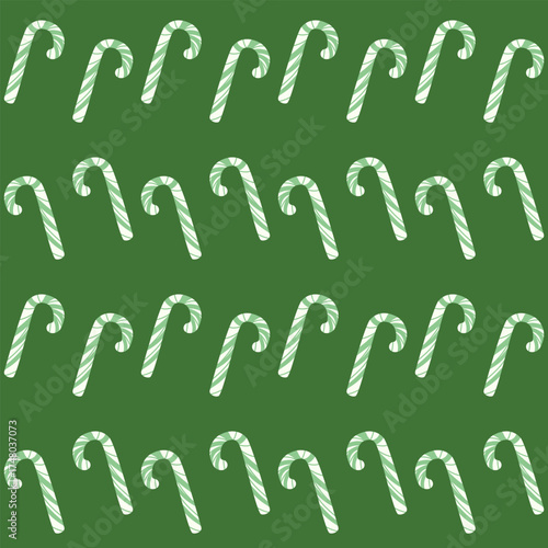 Bold seamless pattern featuring rows of pale green and white striped candy canes on a vibrant green background, perfect for modern and festive holiday packaging or textiles.