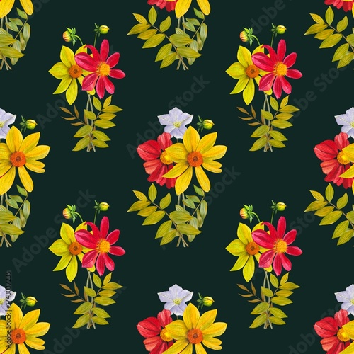 Seamless floral autumn pattern with vibrant dahlias, autumn leaves on dark background. Hand drawn watercolor illustration.