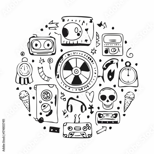 A circular composition of hand-drawn doodle icons featuring retro music players, cassette tapes, a skull, and other whimsical elements.