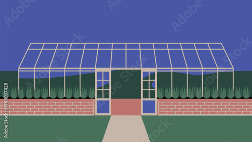 A simple illustration of a greenhouse with an open door and a brick wall under a dark blue sky