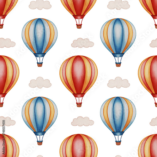 Watercolor seamless pattern with hot air balloons and clouds, perfect for travel and adventure themes